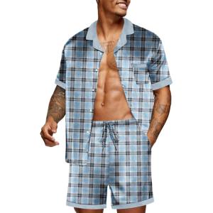 imageEkouaer Men Satin Silk Pajamas Set with Pockets Sleepwear Shorts Satin Summer Loungewear 2 Piece Button Down Set S3XLBlue Check
