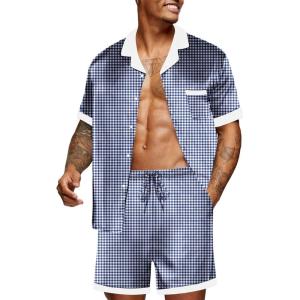 imageEkouaer Men Satin Silk Pajamas Set with Pockets Sleepwear Shorts Satin Summer Loungewear 2 Piece Button Down Set S3XLBlue Plaid