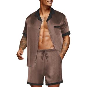 imageEkouaer Men Satin Silk Pajamas Set with Pockets Sleepwear Shorts Satin Summer Loungewear 2 Piece Button Down Set S3XLBrown