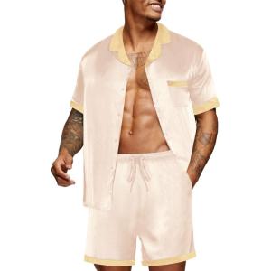 imageEkouaer Men Satin Silk Pajamas Set with Pockets Sleepwear Shorts Satin Summer Loungewear 2 Piece Button Down Set S3XLChampagne