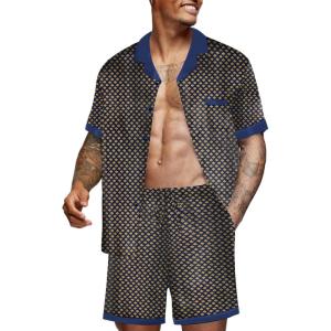 imageEkouaer Men Satin Silk Pajamas Set with Pockets Sleepwear Shorts Satin Summer Loungewear 2 Piece Button Down Set S3XLGeometric Yellow