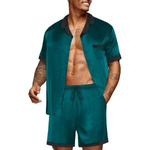 imageEkouaer Men Satin Silk Pajamas Set with Pockets Sleepwear Shorts Satin Summer Loungewear 2 Piece Button Down Set S3XLLake Green