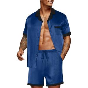 imageEkouaer Men Satin Silk Pajamas Set with Pockets Sleepwear Shorts Satin Summer Loungewear 2 Piece Button Down Set S3XLNavy Blue