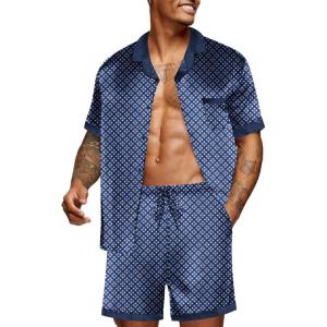 imageEkouaer Men Satin Silk Pajamas Set with Pockets Sleepwear Shorts Satin Summer Loungewear 2 Piece Button Down Set S3XLNavy Blue Geometry