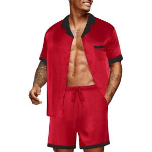imageEkouaer Men Satin Silk Pajamas Set with Pockets Sleepwear Shorts Satin Summer Loungewear 2 Piece Button Down Set S3XLRed