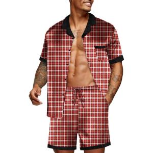imageEkouaer Men Satin Silk Pajamas Set with Pockets Sleepwear Shorts Satin Summer Loungewear 2 Piece Button Down Set S3XLRed Plaid