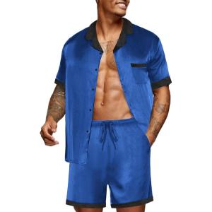 imageEkouaer Men Satin Silk Pajamas Set with Pockets Sleepwear Shorts Satin Summer Loungewear 2 Piece Button Down Set S3XLRoyal Blue