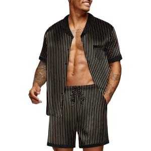 imageEkouaer Men Satin Silk Pajamas Set with Pockets Sleepwear Shorts Satin Summer Loungewear 2 Piece Button Down Set S3XLStripe Black Gold