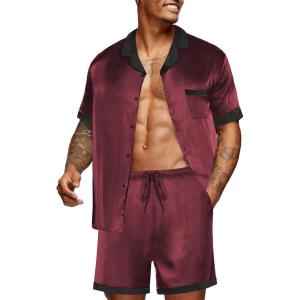 imageEkouaer Men Satin Silk Pajamas Set with Pockets Sleepwear Shorts Satin Summer Loungewear 2 Piece Button Down Set S3XLWine Red