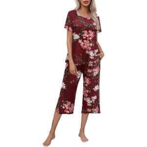 imageEkouaer Womens Pajamas Set Short Sleeve Top With Capri Pants Pjs Lounge ampamp Sleepwear Set SXXL02 Floral Wine