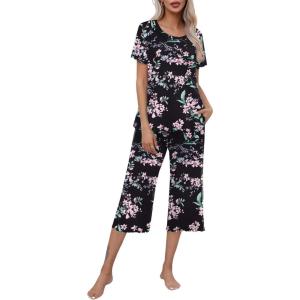 imageEkouaer Womens Pajamas Set Short Sleeve Top With Capri Pants Pjs Lounge ampamp Sleepwear Set SXXL0black With Pink Floral