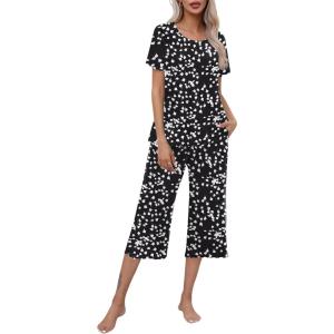 imageEkouaer Womens Pajamas Set Short Sleeve Top With Capri Pants Pjs Lounge ampamp Sleepwear Set SXXL0black With White Dot