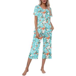 imageEkouaer Womens Pajamas Set Short Sleeve Top With Capri Pants Pjs Lounge ampamp Sleepwear Set SXXL0green With Orange Flower