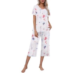 imageEkouaer Womens Pajamas Set Short Sleeve Top With Capri Pants Pjs Lounge ampamp Sleepwear Set SXXL0white With Pink Flowers