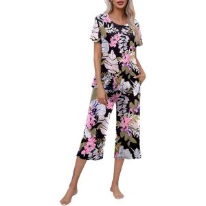 imageEkouaer Womens Pajamas Set Short Sleeve Top With Capri Pants Pjs Lounge ampamp Sleepwear Set SXXLArmy GreenPinkBlack White Leaf