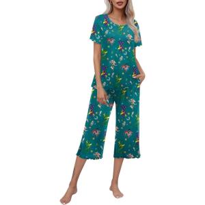 imageEkouaer Womens Pajamas Set Short Sleeve Top With Capri Pants Pjs Lounge ampamp Sleepwear Set SXXLDark GreenCarton Print