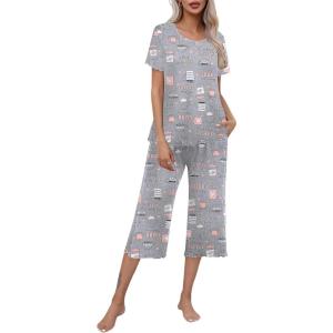 imageEkouaer Womens Pajamas Set Short Sleeve Top With Capri Pants Pjs Lounge ampamp Sleepwear Set SXXLGreyCoffee Cup