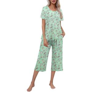imageEkouaer Womens Pajamas Set Short Sleeve Top With Capri Pants Pjs Lounge ampamp Sleepwear Set SXXLMint GreenWhite Flower