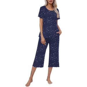 imageEkouaer Womens Pajamas Set Short Sleeve Top With Capri Pants Pjs Lounge ampamp Sleepwear Set SXXLNavyWhite Star