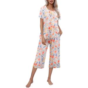 imageEkouaer Womens Pajamas Set Short Sleeve Top With Capri Pants Pjs Lounge ampamp Sleepwear Set SXXLWhiteOrange Flower