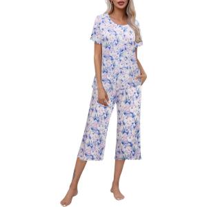 imageEkouaer Womens Pajamas Set Short Sleeve Top With Capri Pants Pjs Lounge ampamp Sleepwear Set SXXLWhitePinkBlue Butterfly