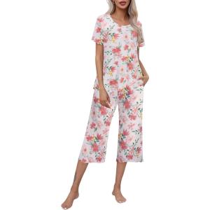 imageEkouaer Womens Pajamas Set Short Sleeve Top With Capri Pants Pjs Lounge ampamp Sleepwear Set SXXLWhiteRed Flower