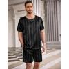 imageEkouaer Men Silk Pajamas Set 2 Piece Pjs Soft Satin Sleepwear Shorts Button Down Tops Loungewear with PocketsBlack Stripe