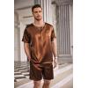 imageEkouaer Men Silk Pajamas Set 2 Piece Pjs Soft Satin Sleepwear Shorts Button Down Tops Loungewear with PocketsBrown