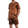 imageEkouaer Men Silk Pajamas Set 2 Piece Pjs Soft Satin Sleepwear Shorts Button Down Tops Loungewear with PocketsBrown