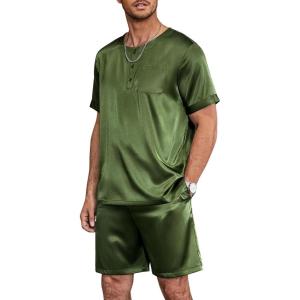 imageEkouaer Men Silk Pajamas Set 2 Piece Pjs Soft Satin Sleepwear Shorts Button Down Tops Loungewear with PocketsArmy Green