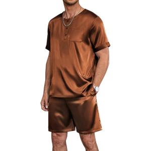imageEkouaer Men Silk Pajamas Set 2 Piece Pjs Soft Satin Sleepwear Shorts Button Down Tops Loungewear with PocketsBrown