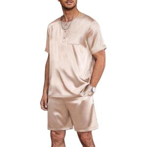 imageEkouaer Men Silk Pajamas Set 2 Piece Pjs Soft Satin Sleepwear Shorts Button Down Tops Loungewear with PocketsChampagne
