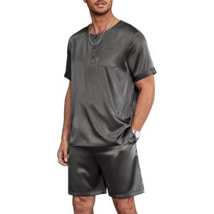 imageEkouaer Men Silk Pajamas Set 2 Piece Pjs Soft Satin Sleepwear Shorts Button Down Tops Loungewear with PocketsDark Gray