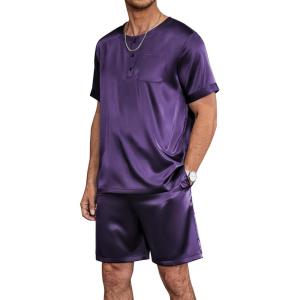 imageEkouaer Men Silk Pajamas Set 2 Piece Pjs Soft Satin Sleepwear Shorts Button Down Tops Loungewear with PocketsDeep Purple