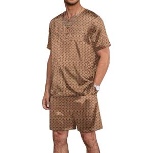 imageEkouaer Men Silk Pajamas Set 2 Piece Pjs Soft Satin Sleepwear Shorts Button Down Tops Loungewear with PocketsGold Geometric
