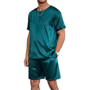 imageEkouaer Men Silk Pajamas Set 2 Piece Pjs Soft Satin Sleepwear Shorts Button Down Tops Loungewear with PocketsGreen
