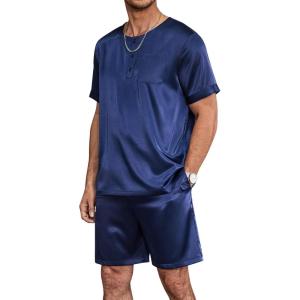 imageEkouaer Men Silk Pajamas Set 2 Piece Pjs Soft Satin Sleepwear Shorts Button Down Tops Loungewear with PocketsNavy Blue