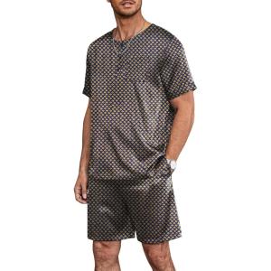 imageEkouaer Men Silk Pajamas Set 2 Piece Pjs Soft Satin Sleepwear Shorts Button Down Tops Loungewear with PocketsYellow Geometric