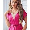 imageEkouaer Satin Nightgowns for Women Short Sleeve Nightshirt Silk Sleepwear Lace V Neck Pajama Dress SXXLRose Red