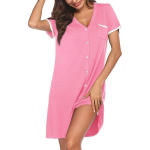 imageEkouaer Nightgowns for Women Button Down Pajamas Tops Short Sleeve Sleepwear VNeck Sleepwear S3XLPink