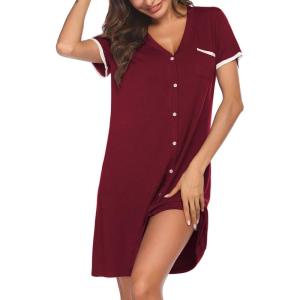 imageEkouaer Nightgowns for Women Button Down Pajamas Tops Short Sleeve Sleepwear VNeck Sleepwear S3XLWine Red