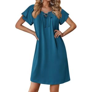 imageEkouaer Nightgowns for Women Short Sleeve Sleep Shirts Pleated Sleepdress Soft Sleepwear Victorian Ladies NightdressNavy Blue