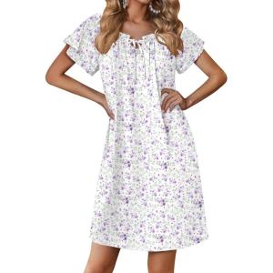 imageEkouaer Nightgowns for Women Short Sleeve Sleep Shirts Pleated Sleepdress Soft Sleepwear Victorian Ladies NightdressPurple Green Floral