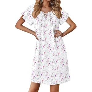 imageEkouaer Nightgowns for Women Short Sleeve Sleep Shirts Pleated Sleepdress Soft Sleepwear Victorian Ladies NightdressPurple Pink Floral