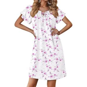 imageEkouaer Nightgowns for Women Short Sleeve Sleep Shirts Pleated Sleepdress Soft Sleepwear Victorian Ladies NightdressPurple White Floral