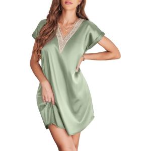 imageEkouaer Satin Nightgowns for Women Short Sleeve Nightshirt Silk Sleepwear Lace V Neck Pajama Dress SXXLLight Green