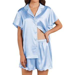 imageEkouaer Womens Classic Button Down Ruffle Sleeves Short Satin Silk Pajama SetClear Blue