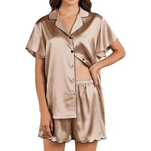 imageEkouaer Womens Classic Button Down Ruffle Sleeves Short Satin Silk Pajama SetKhaki