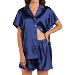 imageEkouaer Womens Classic Button Down Ruffle Sleeves Short Satin Silk Pajama SetNavy Blue