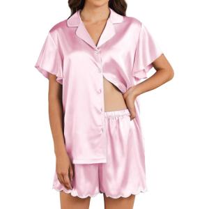imageEkouaer Womens Classic Button Down Ruffle Sleeves Short Satin Silk Pajama SetPink
